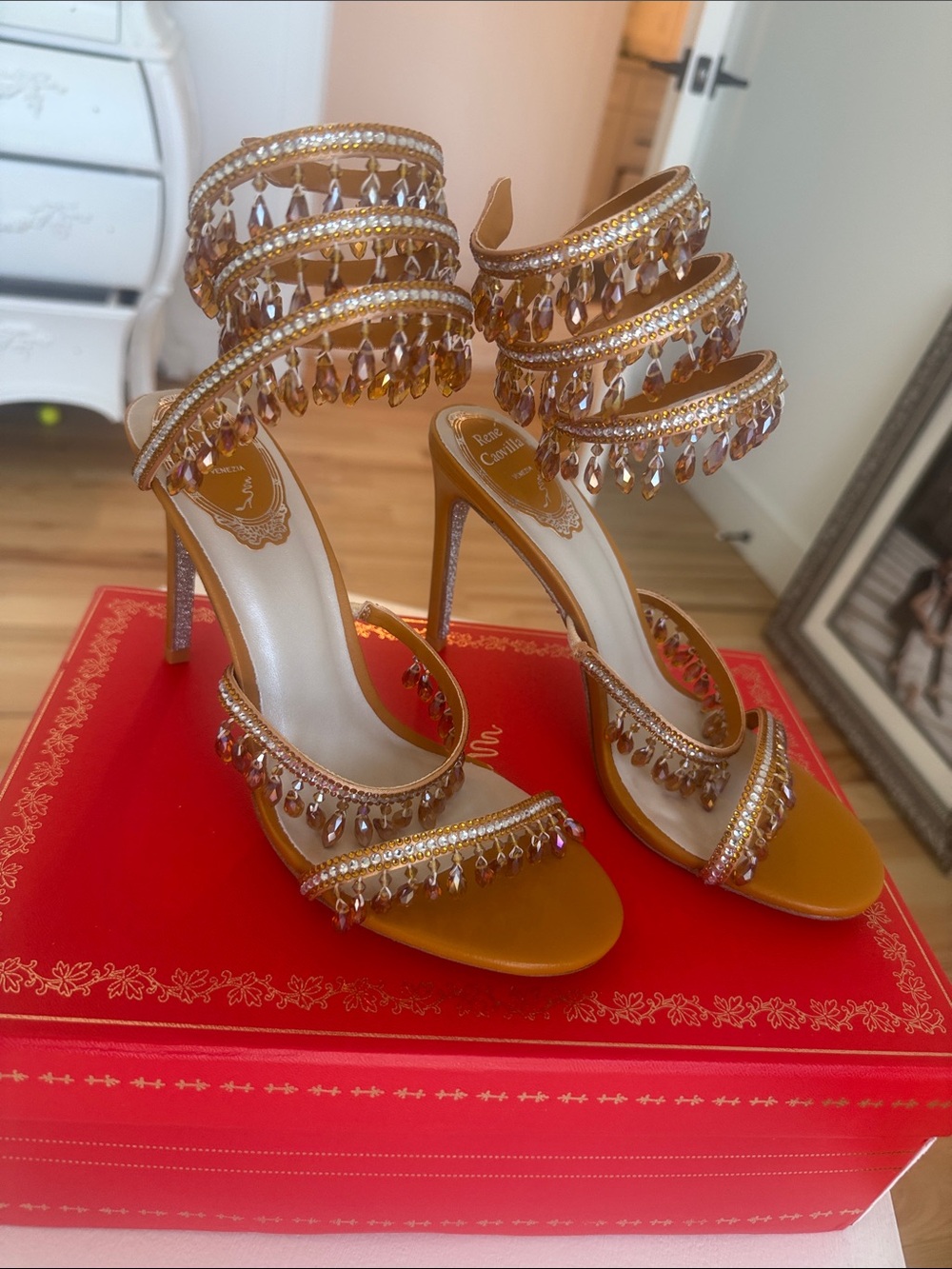 Embellished Amber High Heel Sandals with Crystal Fringe